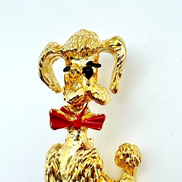 Vintage Gold-Tone Poodle Brooch Pin With Red Bow Tie 2 Inches - Picture 2 of 6